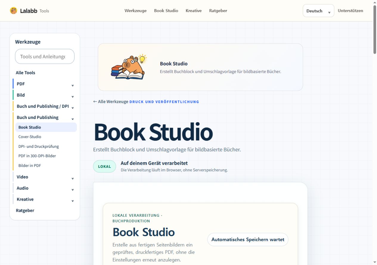 Book Studio · Echte Lalabb-Oberfläche
