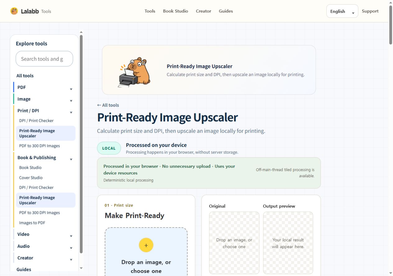 Print-Ready Image Upscaler · Actual Lalabb interface