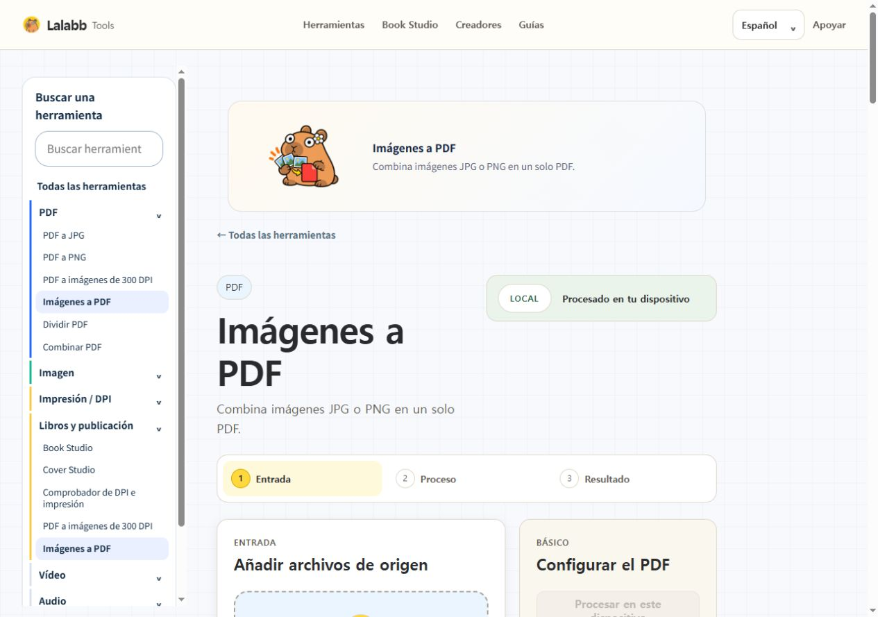 Imágenes a PDF · Interfaz real de Lalabb