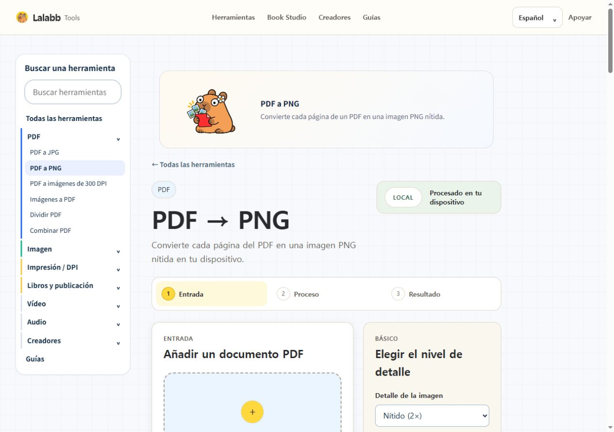 PDF a PNG · Interfaz real de Lalabb