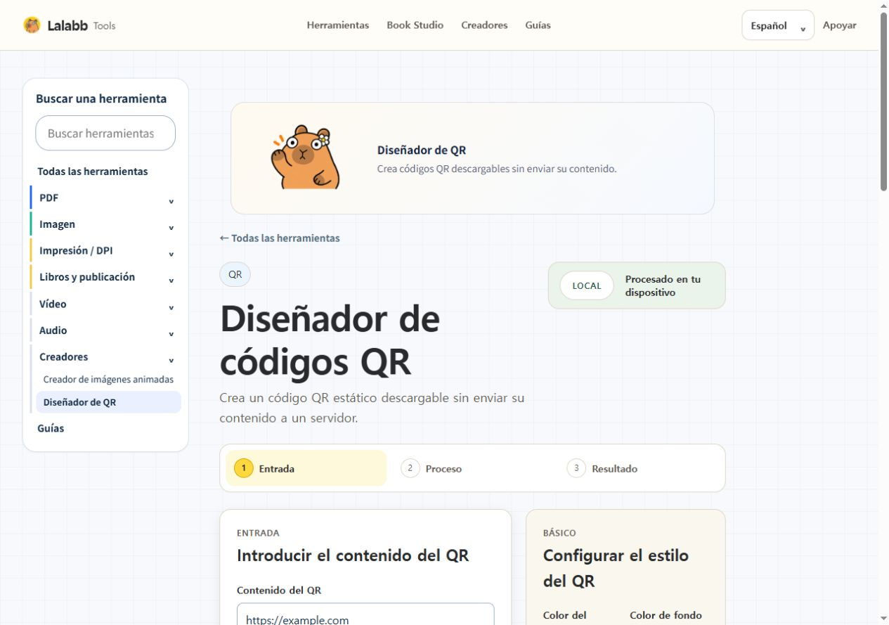Diseñador de QR · Interfaz real de Lalabb