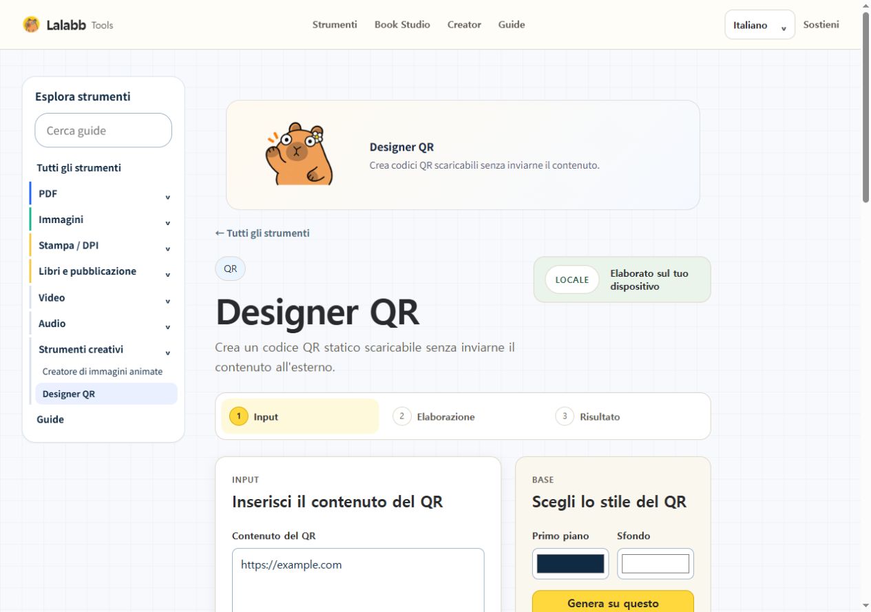 Designer QR · Interfaccia Lalabb reale