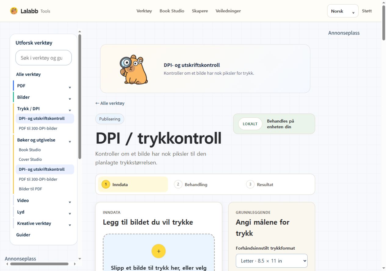 DPI- og utskriftskontroll · Faktisk Lalabb-grensesnitt