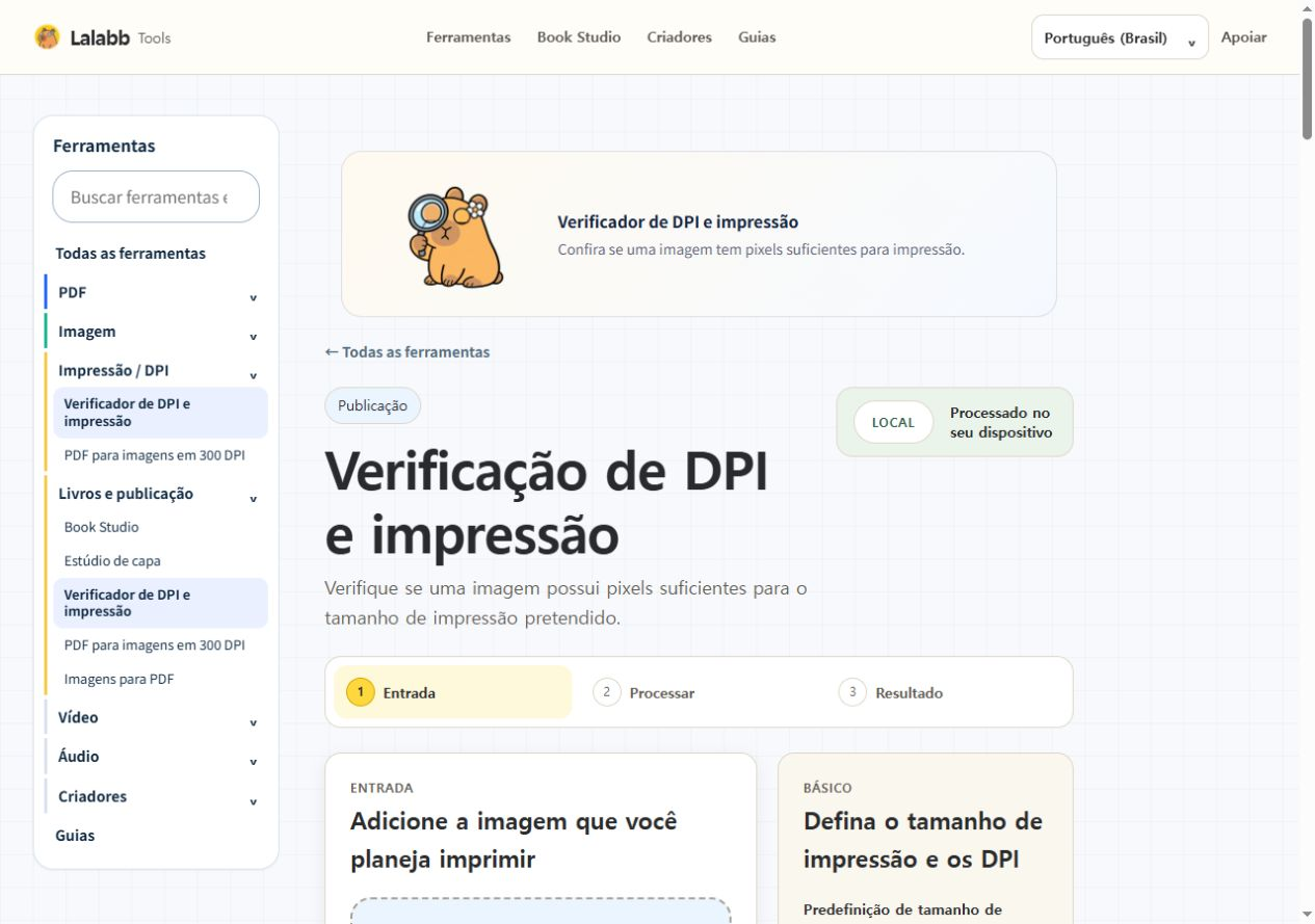 Verificador de DPI e impressão · Interface real do Lalabb