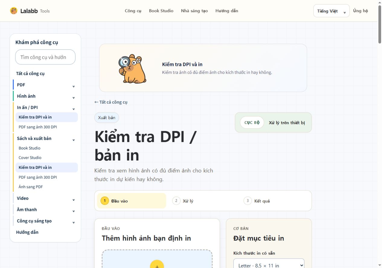 Kiểm tra DPI và in · Giao diện Lalabb thực tế