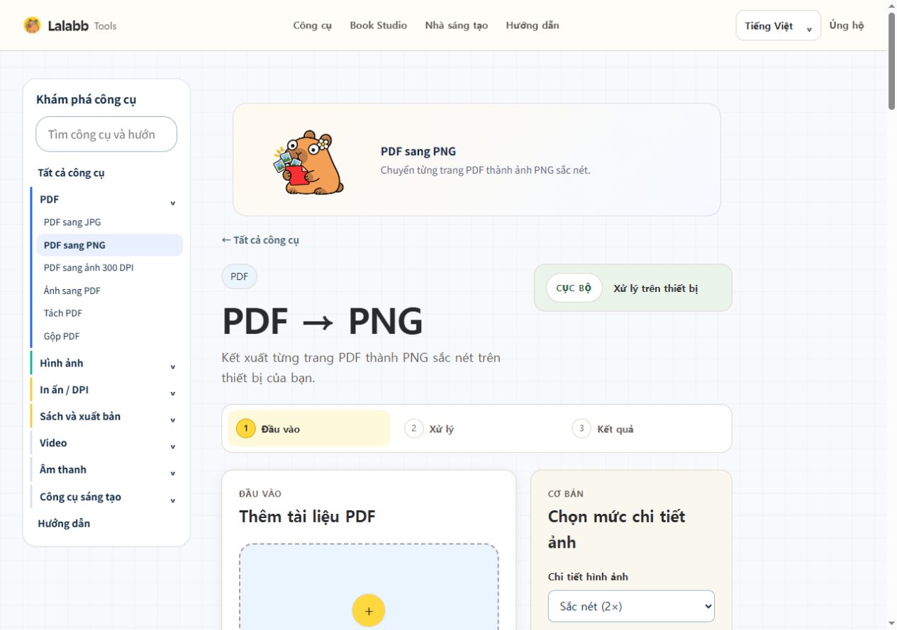 PDF sang PNG · Giao diện Lalabb thực tế