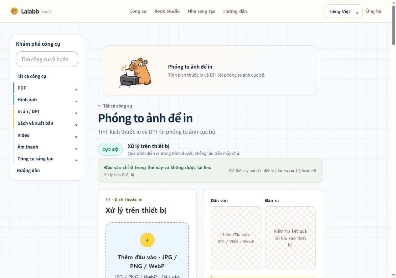 Phóng to ảnh để in · Giao diện Lalabb thực tế